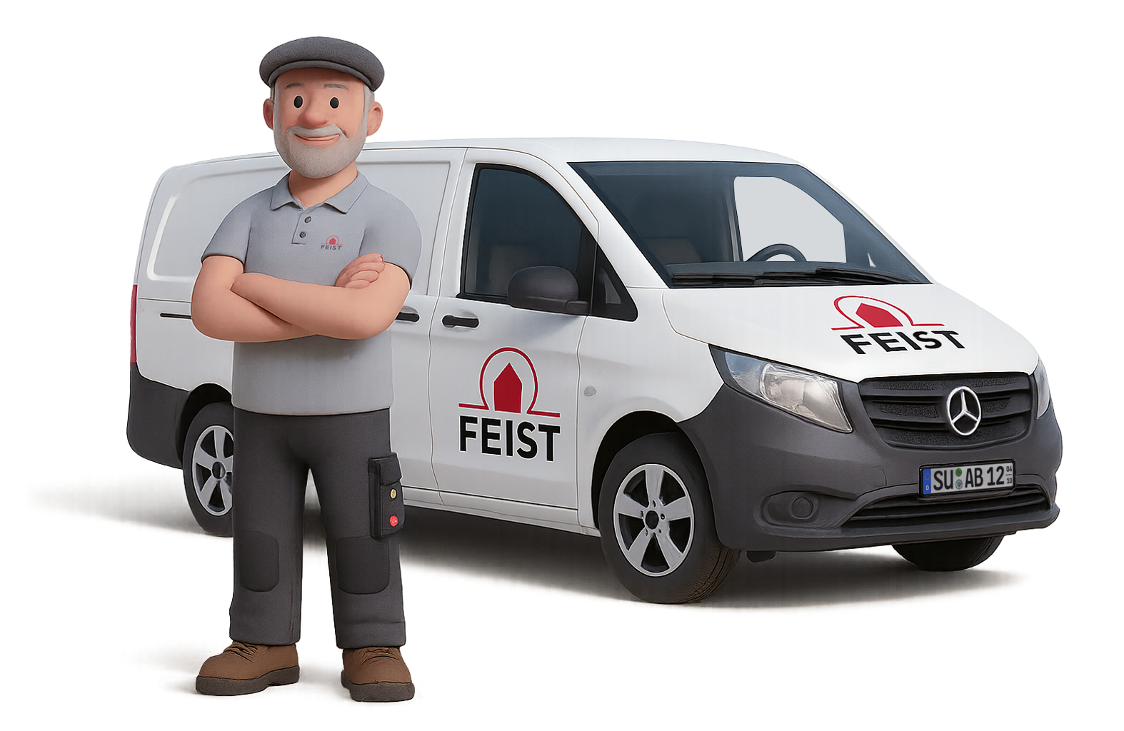 Illustration eines Feist Innenausbau Mitarbeiters vor Firmenfahrzeug